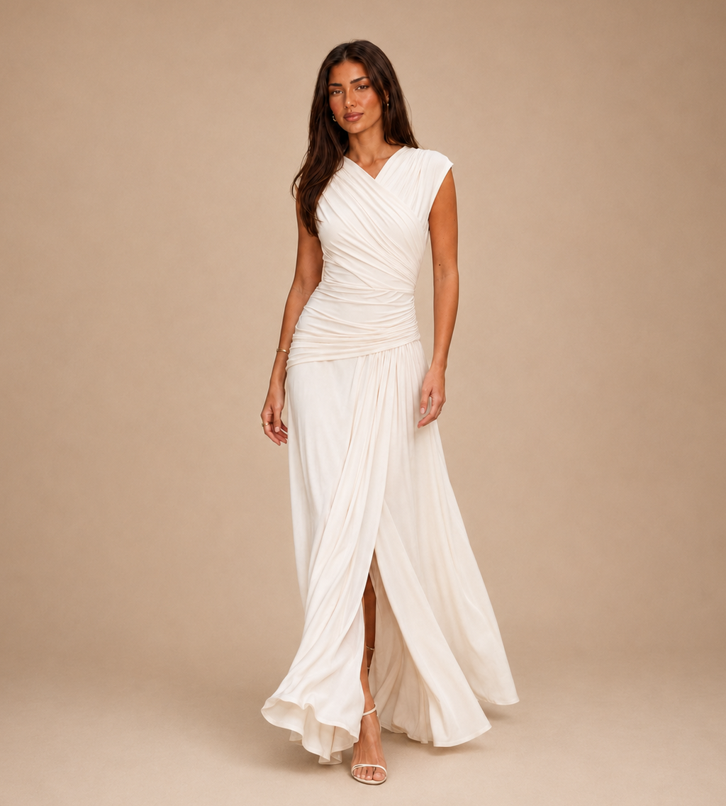 Elara Ivory Ruched Wrap Maxi Dress