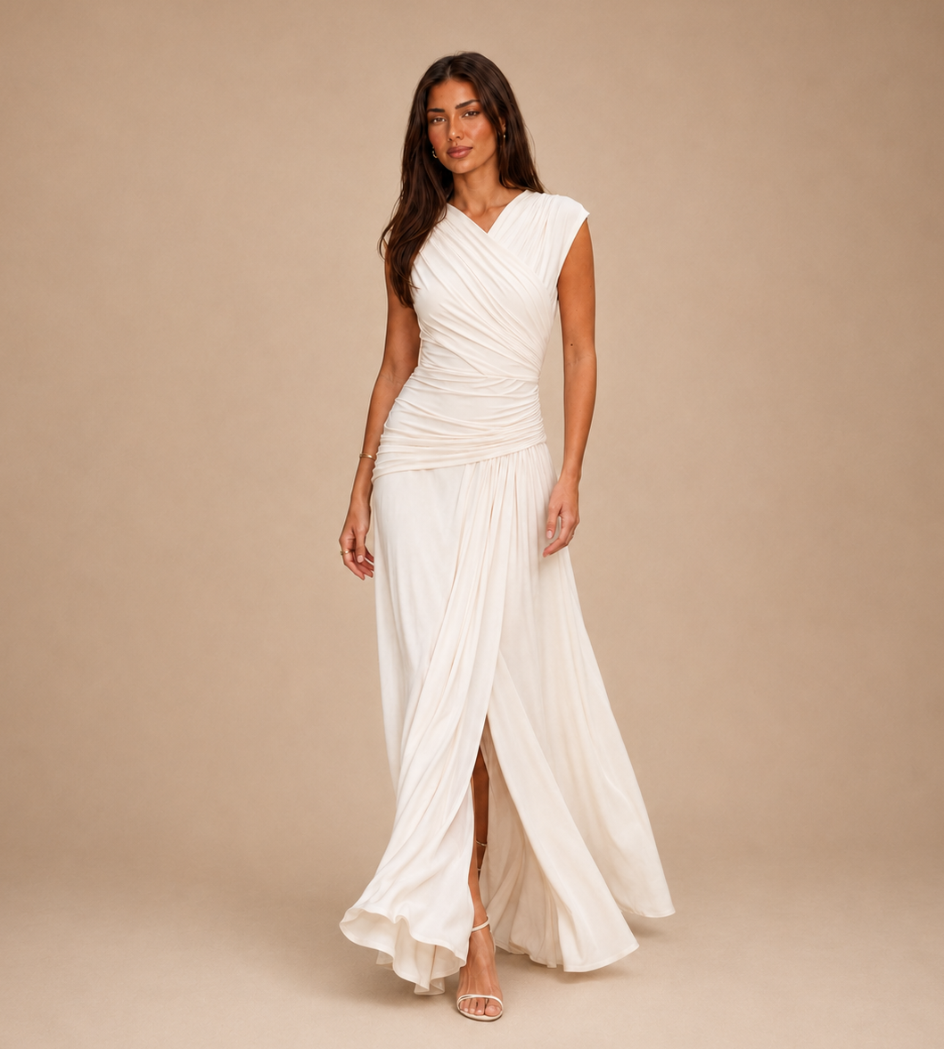 Elara Ivory Ruched Wrap Maxi Dress