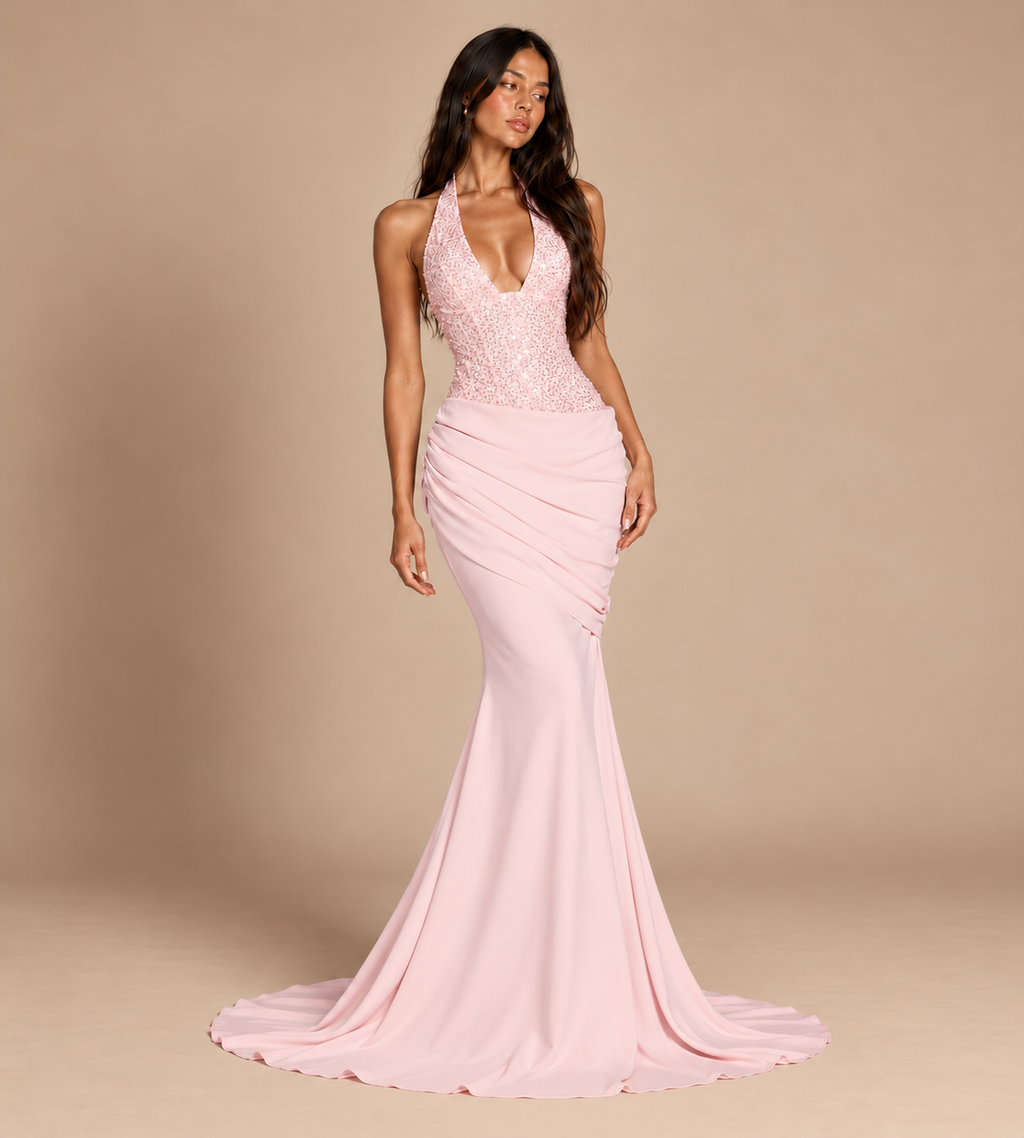 Valentina Blush Pink Sequin Halter Mermaid Maxi Dress