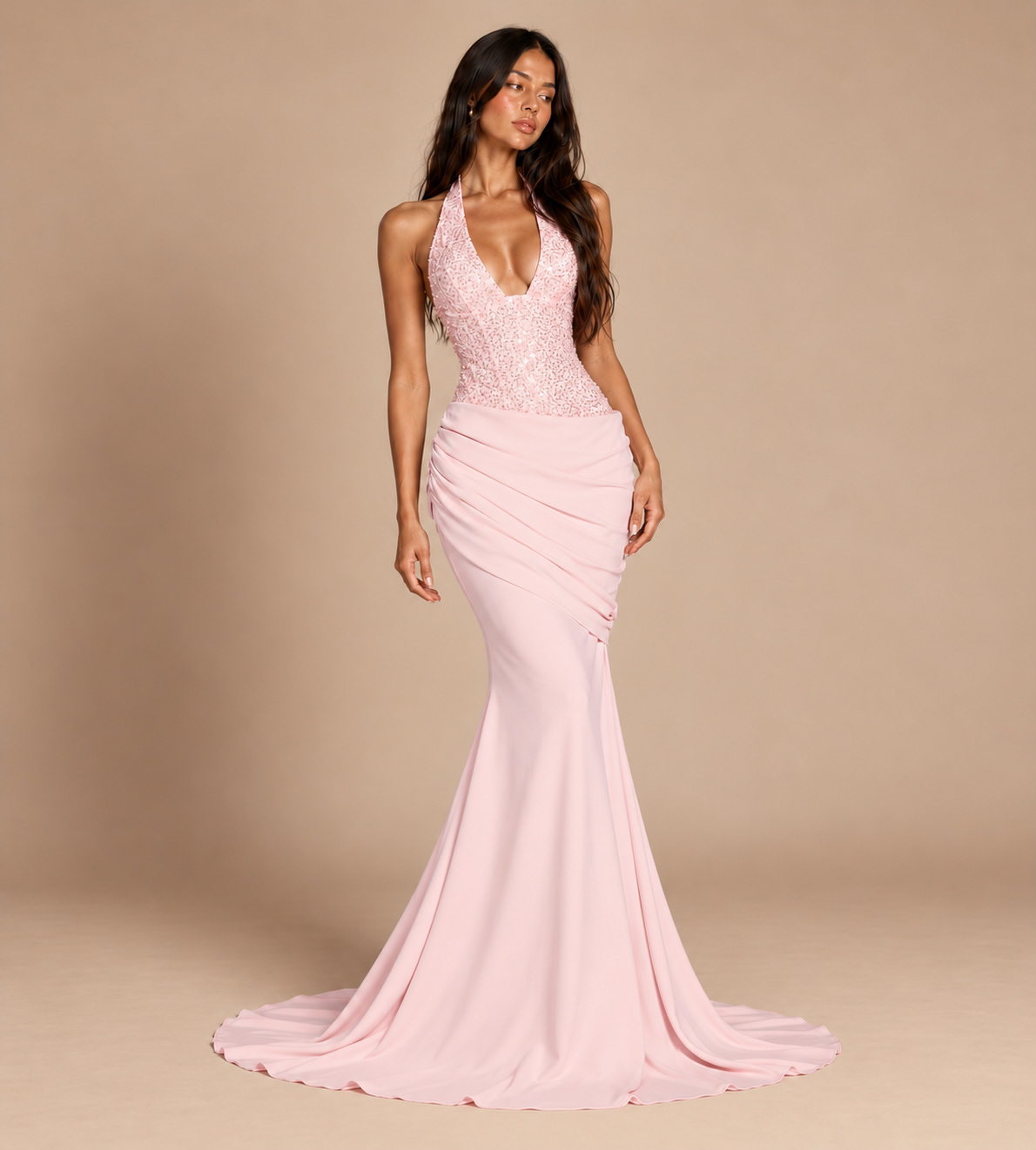 Valentina Blush Pink Sequin Halter Mermaid Maxi Dress
