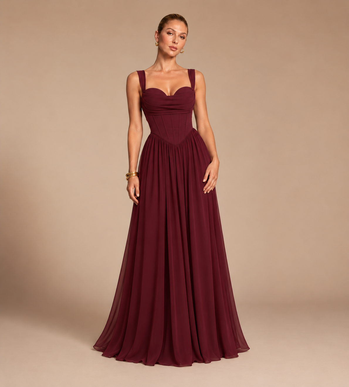 Aurelia Square Neck Corset Chiffon Maxi Dress - Burgundy