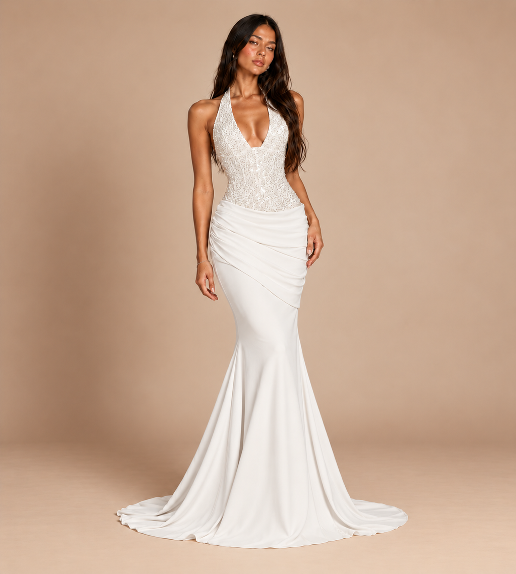 Valentina Ivory Sequin Halter Mermaid Maxi Dress