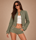 Adeline Olive Green Military Button Jacket & Shorts Set