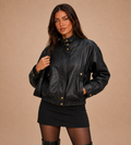 Marlowe Textured Faux Leather Bomber Jacket - Black