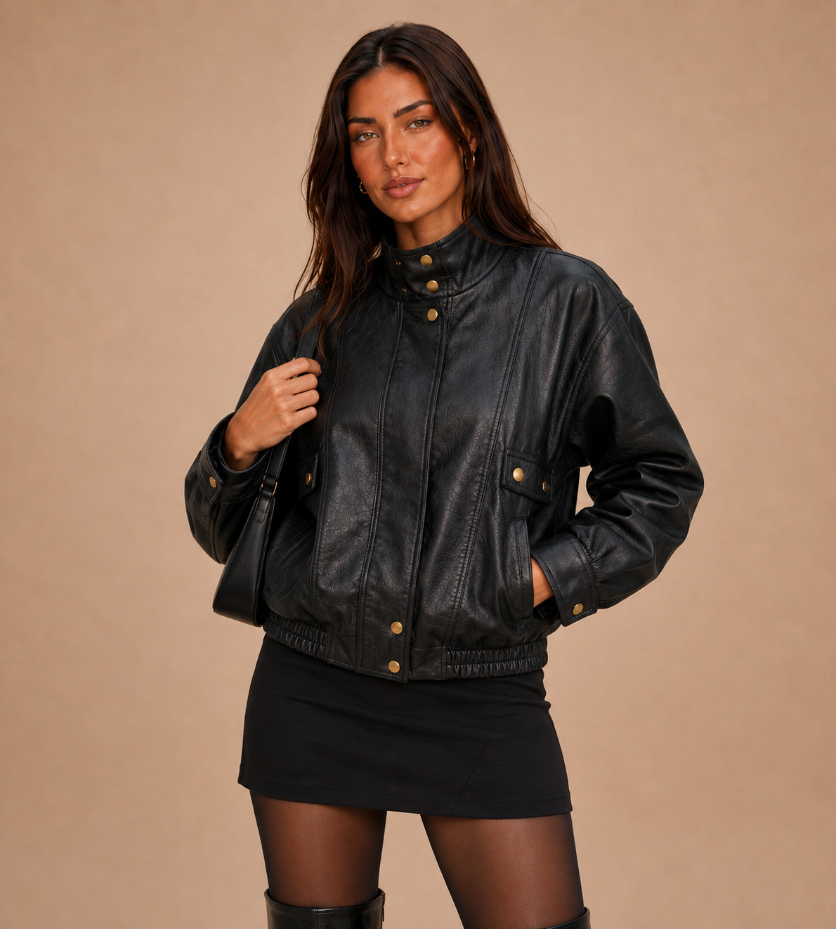Marlowe Textured Faux Leather Bomber Jacket - Black