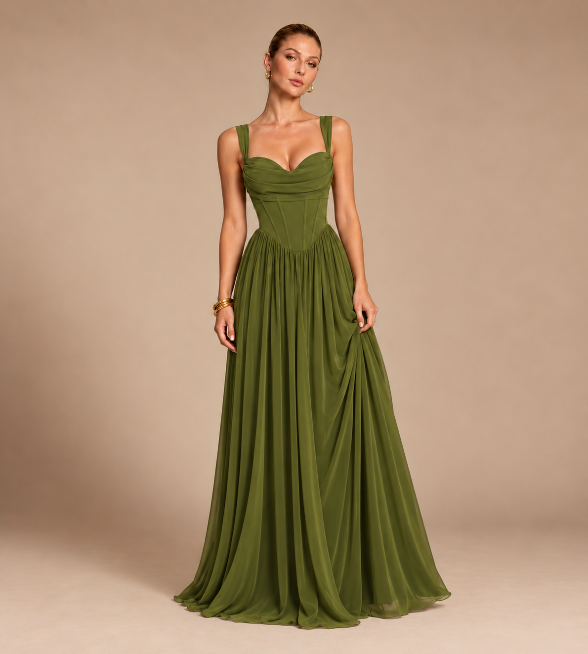 Aurelia Square Neck Corset Chiffon Maxi Dress - Olive Green