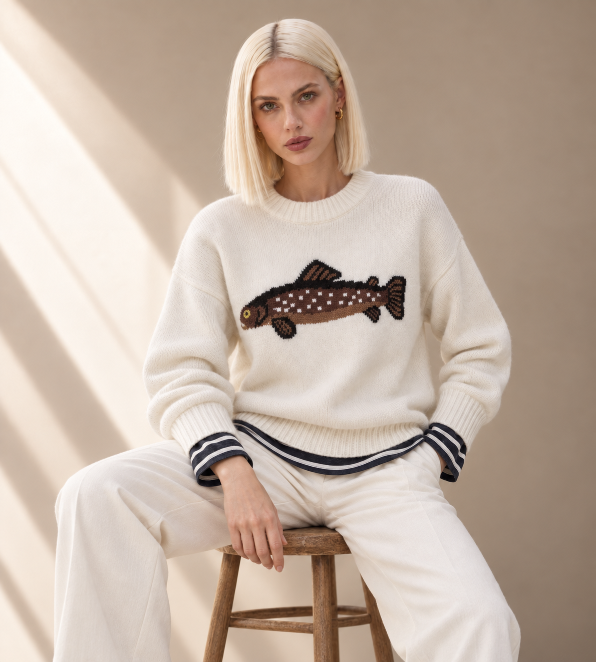 Cream Fish Graphic Knit Sweater