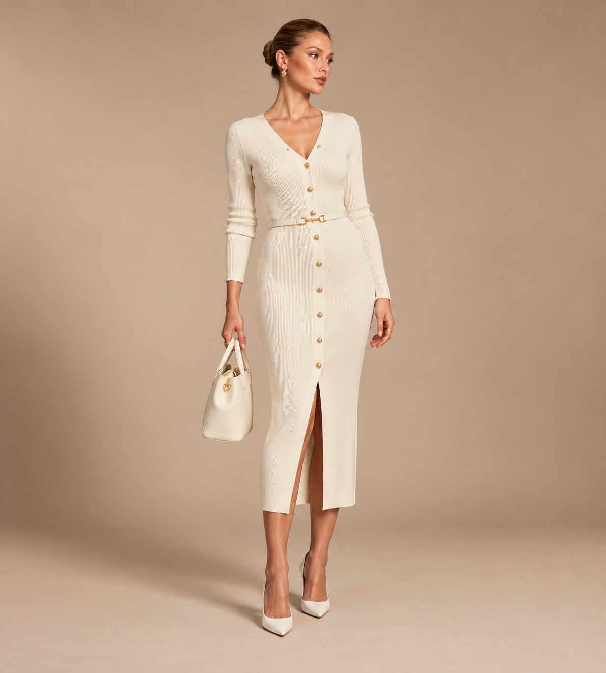 Isolde Ivory Ribbed Button-Front Midi Dress