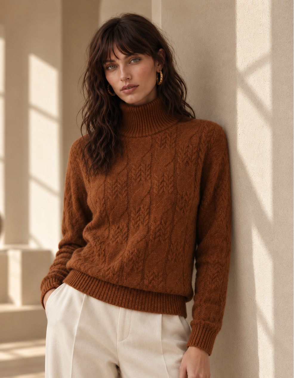 Elise Brown Cable Knit Cashmere Blend Sweater