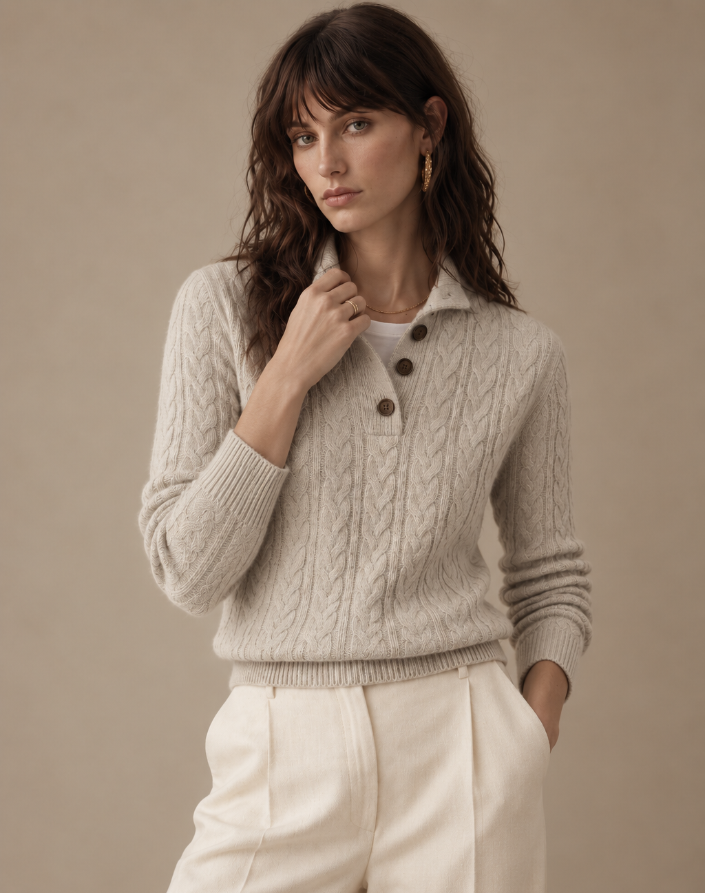 Rowan Light Grey Cable Knit Cashmere Sweater