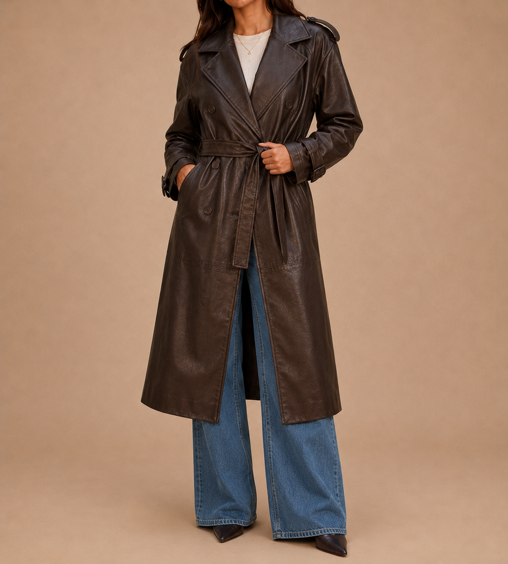 Elowen Chocolate Brown Belted Faux Leather Trench Coat