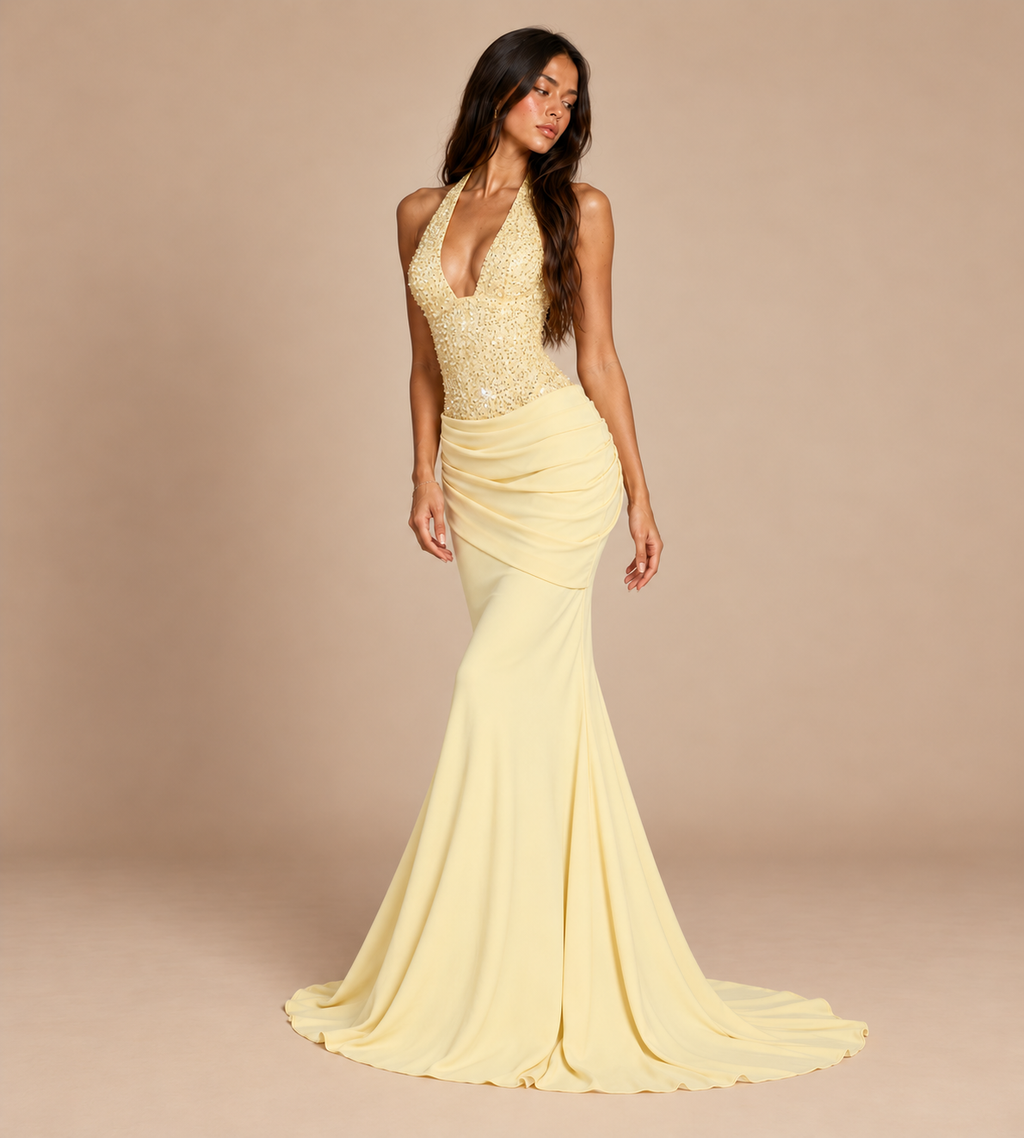 Valentina Butter Yellow Sequin Halter Mermaid Maxi Dress