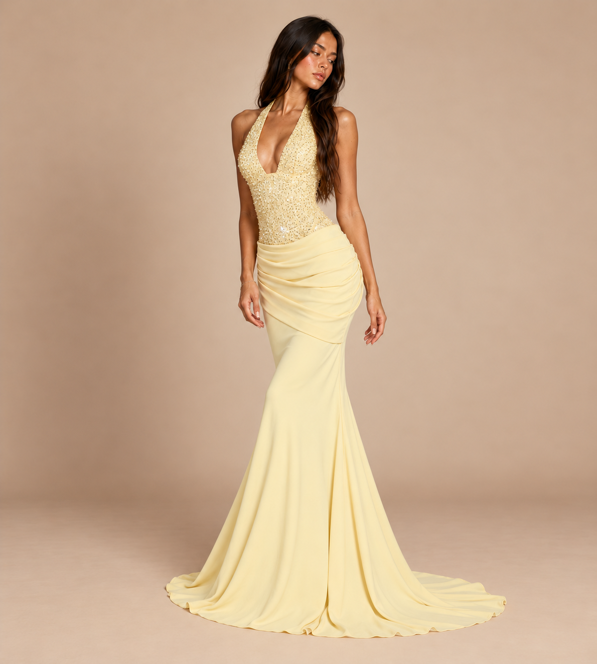 Valentina Butter Yellow Sequin Halter Mermaid Maxi Dress
