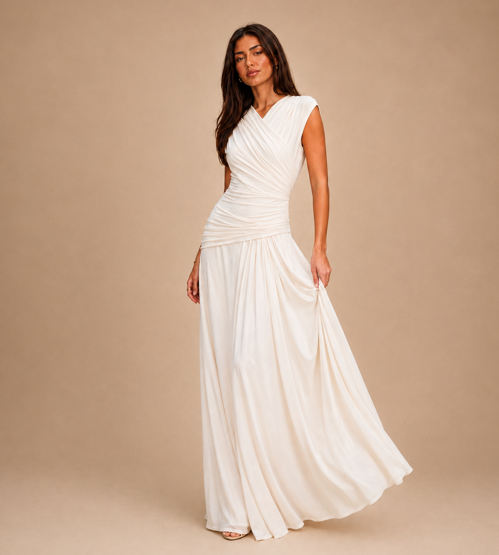 Elara Ivory Ruched Wrap Maxi Dress