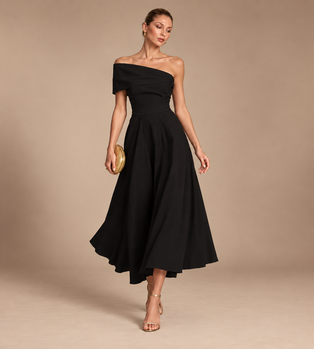 Solene Black Off-Shoulder Midi Dress