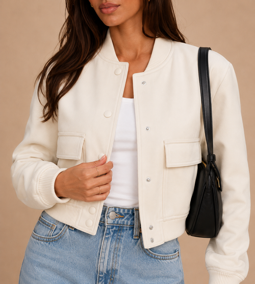 Aveline Ivory Cropped Bomber Jacket