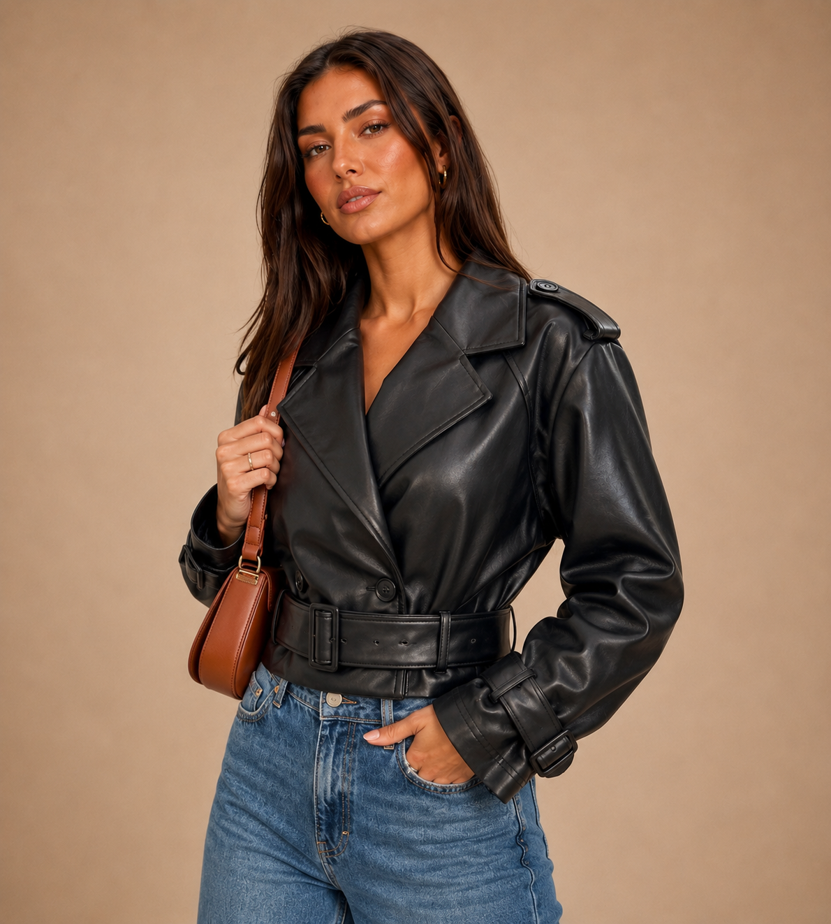 Sloane Black Belted Faux Leather Trench Jacket