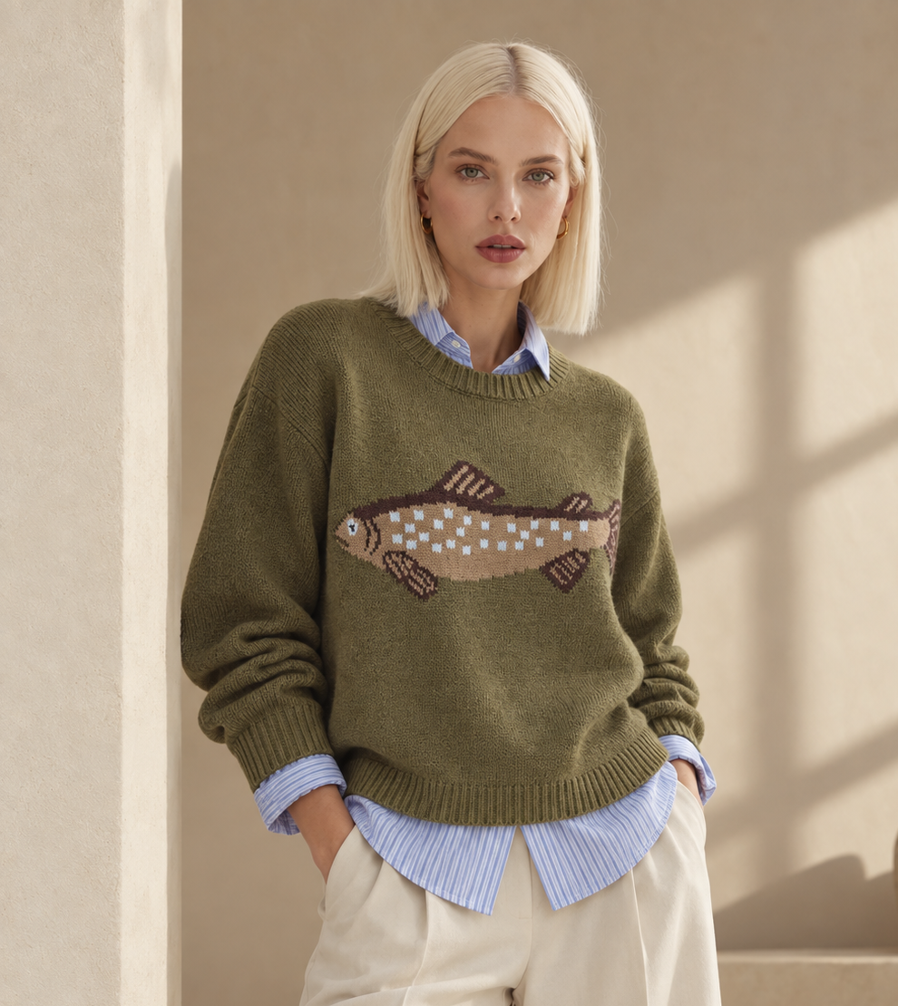 Olive Green Fish Graphic Knit Sweater