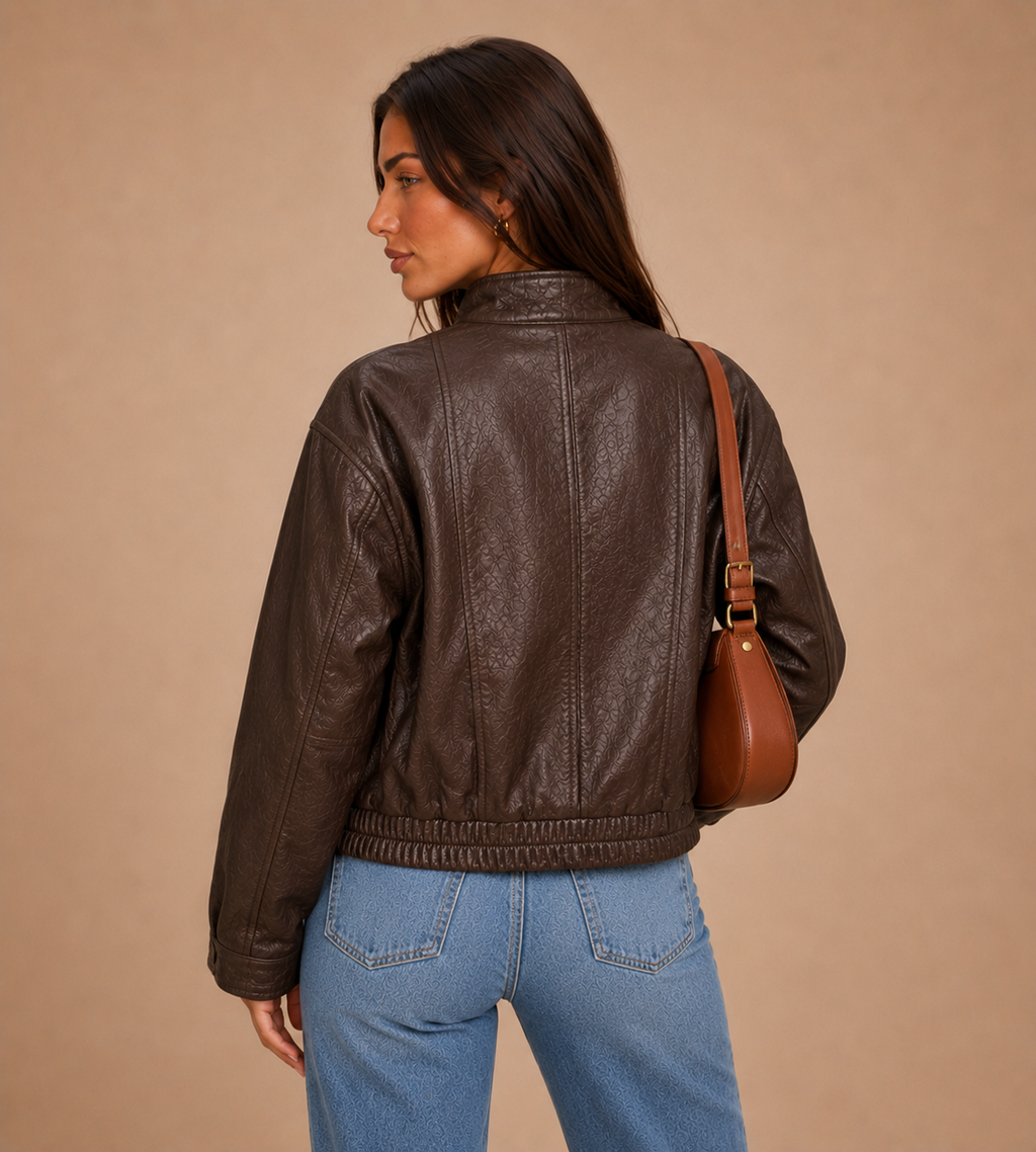 Marlowe Textured Faux Leather Bomber Jacket - Brown