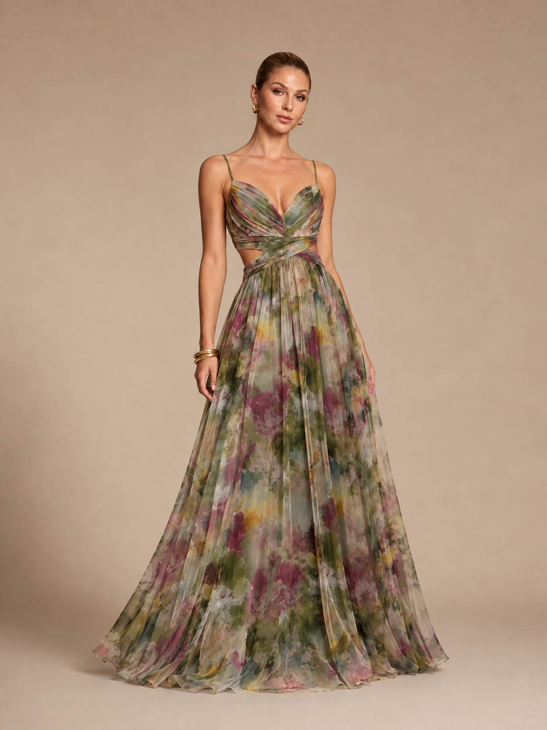 Aurelia Sage Green Floral Chiffon Maxi Dress