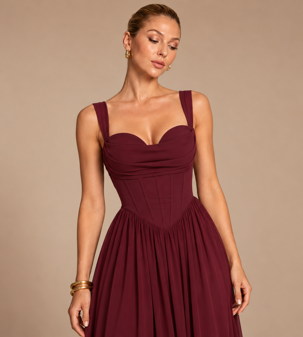 Aurelia Square Neck Corset Chiffon Maxi Dress - Burgundy