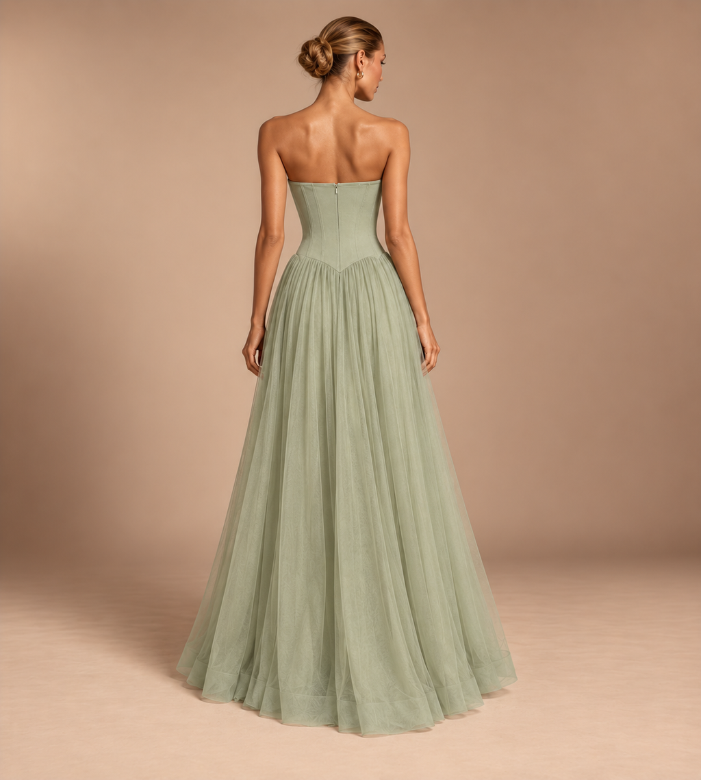 Seraphina Strapless Corset Tulle Maxi Dress - Sage Green