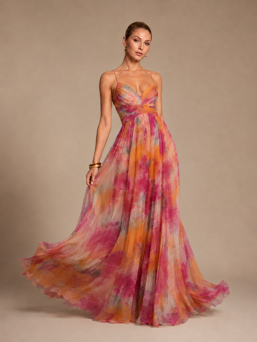Aurelia Pink Orange Floral Chiffon Maxi Dress