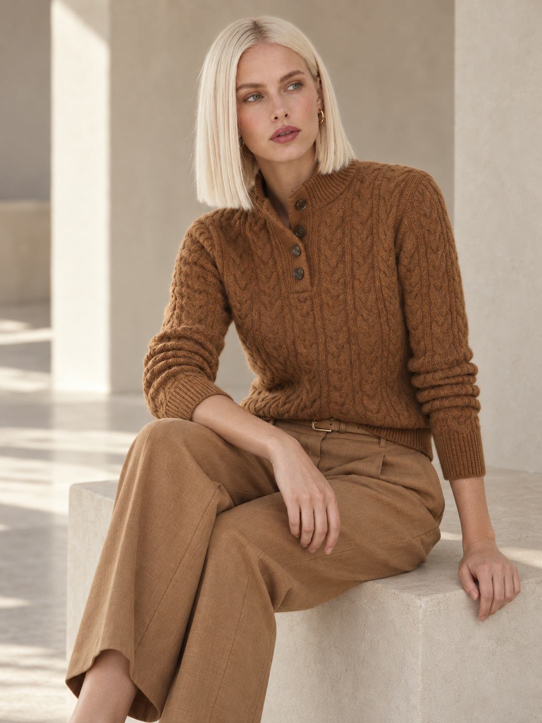 Rowan Brown Cable Knit Cashmere Sweater