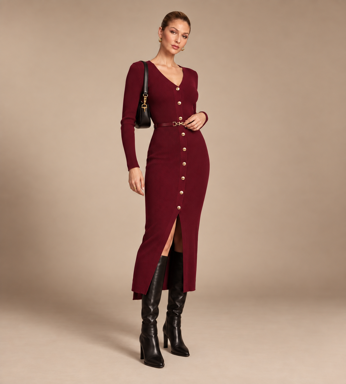 Isolde Burgundy Ribbed Button-Front Midi Dress