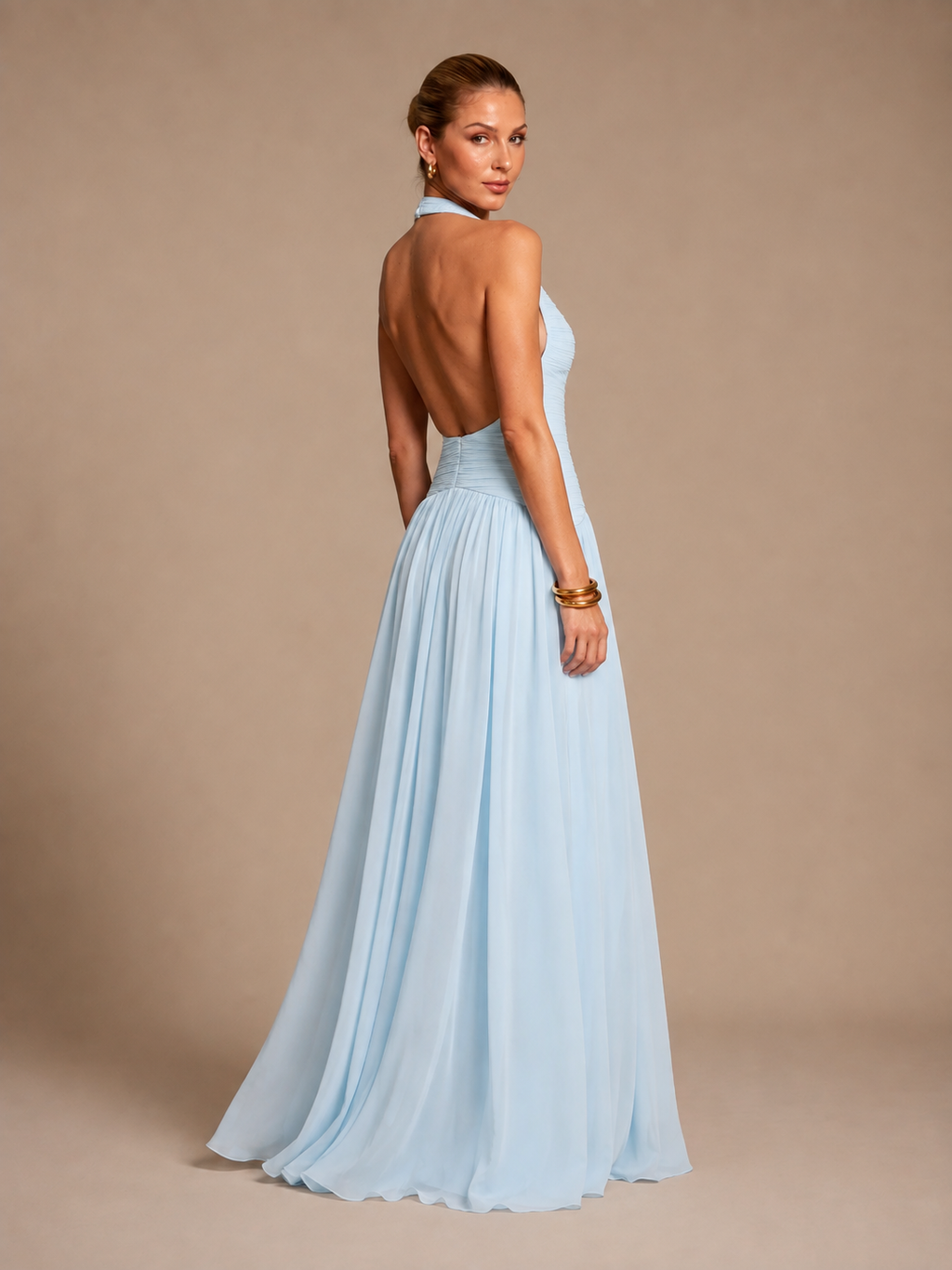 Seraphina Light Blue Ruched Halter Maxi Dress