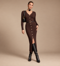 Isolde Chocolate Brown Ribbed Button-Front Midi Dress
