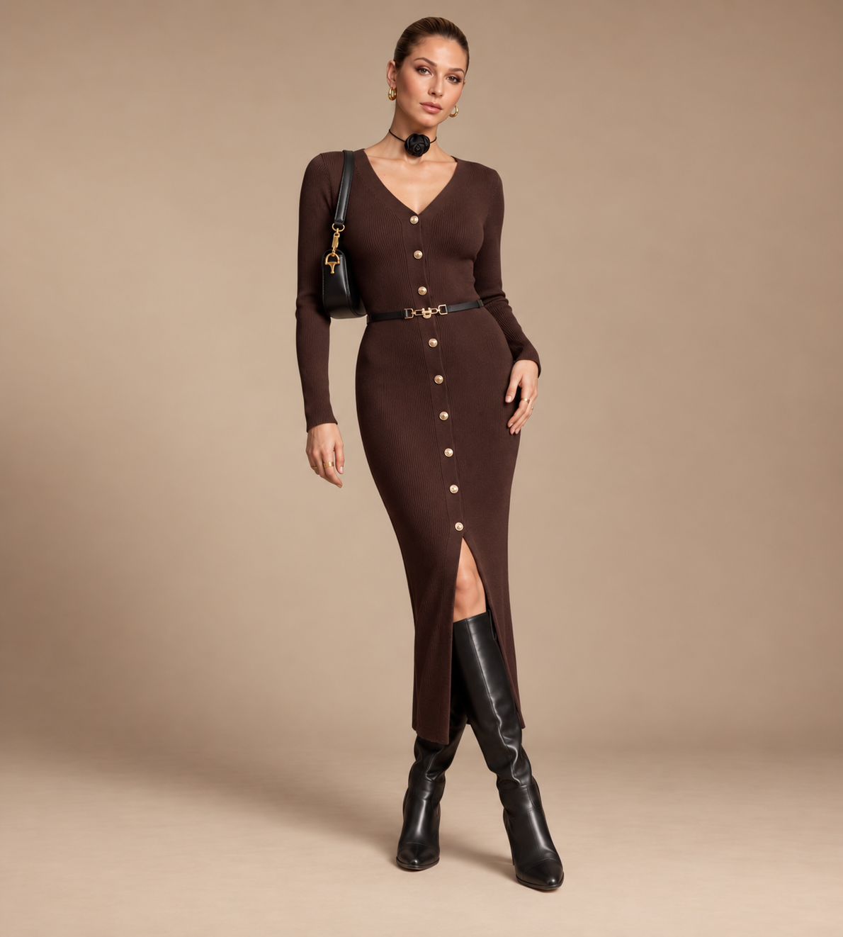 Isolde Chocolate Brown Ribbed Button-Front Midi Dress