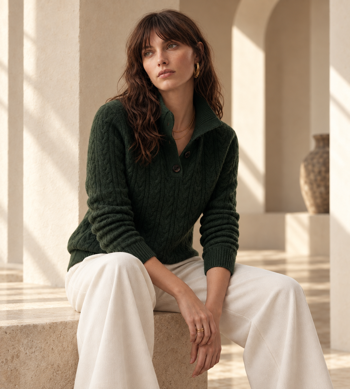 Rowan Green Cable Knit Cashmere Sweater