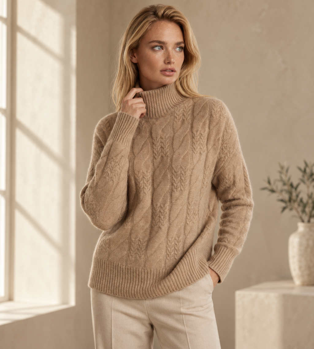 Elise Beige Cable Knit Cashmere Blend Sweater