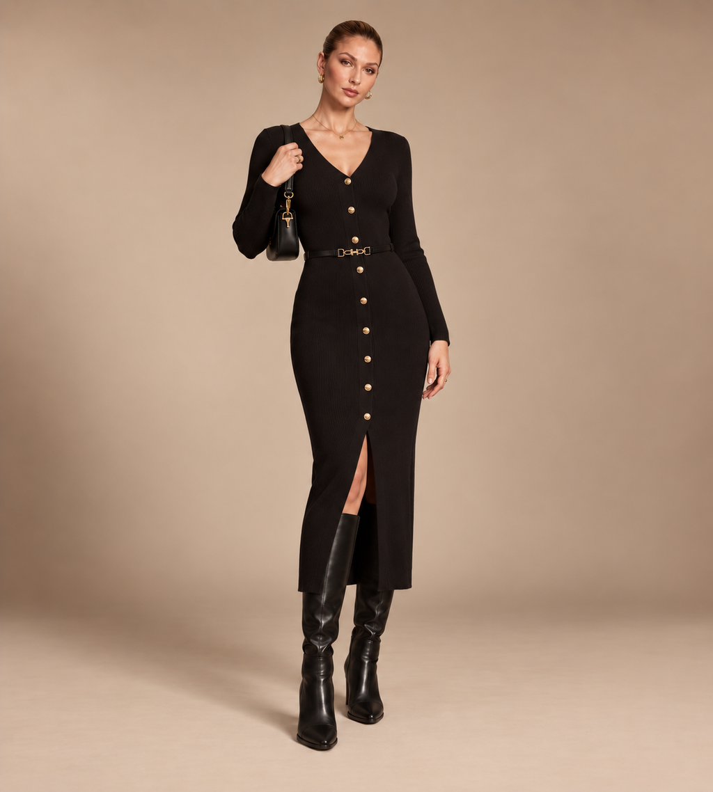 Isolde Black Ribbed Button-Front Midi Dress
