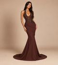 Valentina Chocolate Brown Sequin Halter Mermaid Maxi Dress