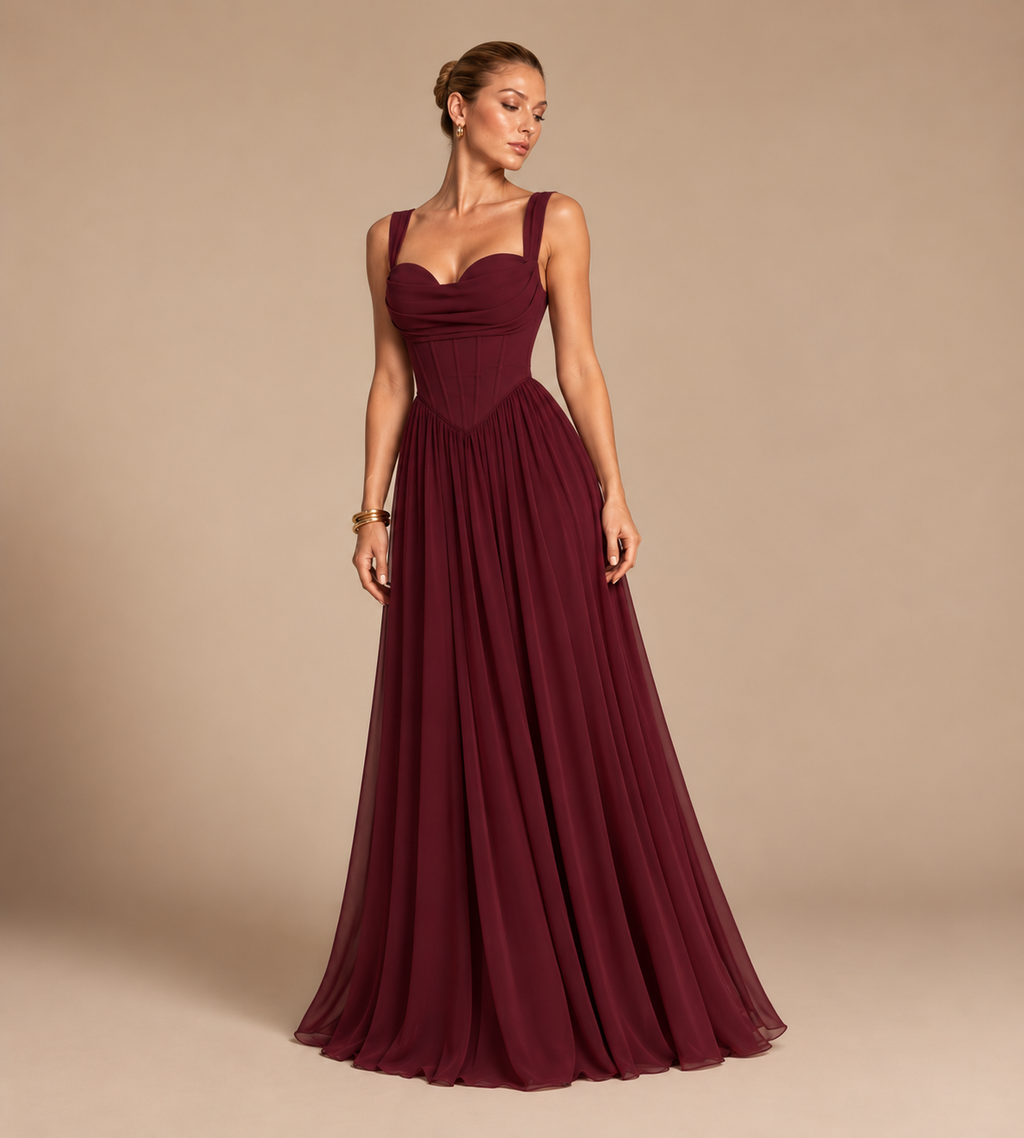 Aurelia Square Neck Corset Chiffon Maxi Dress - Burgundy
