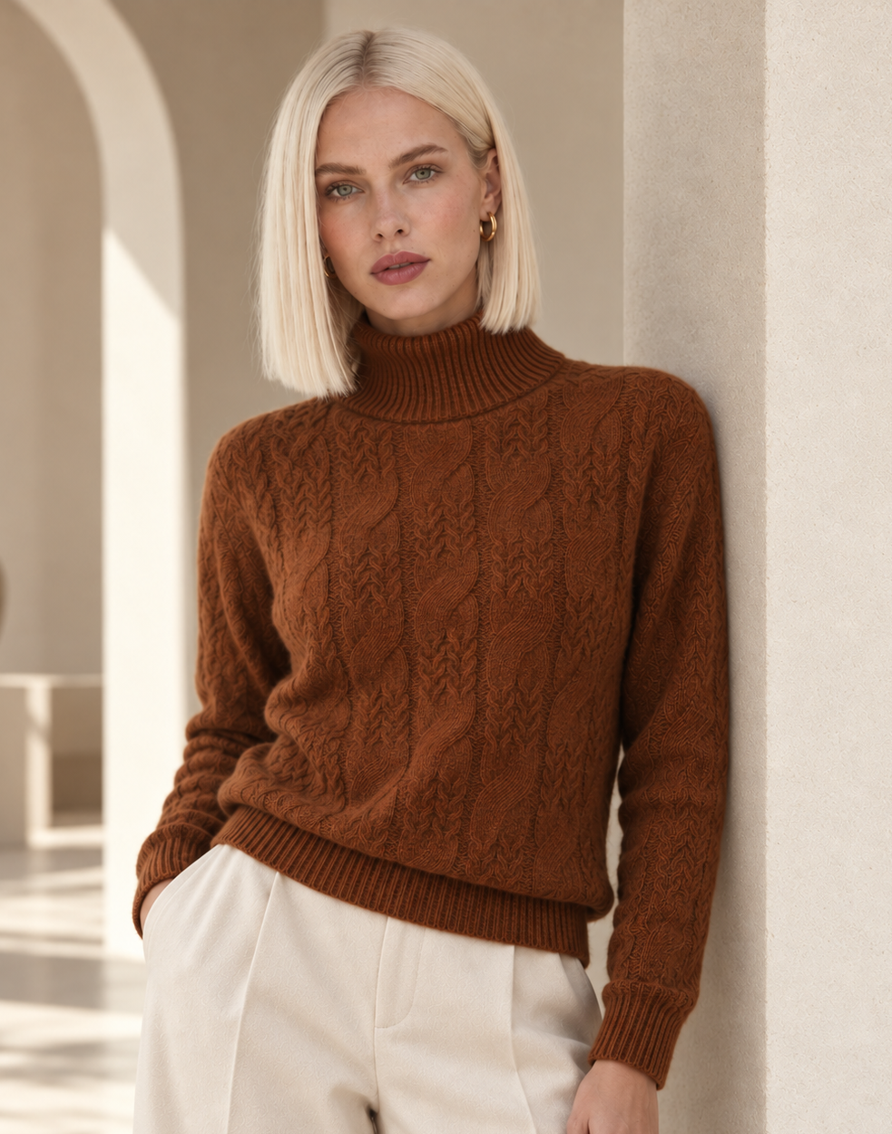 Elise Brown Cable Knit Cashmere Blend Sweater