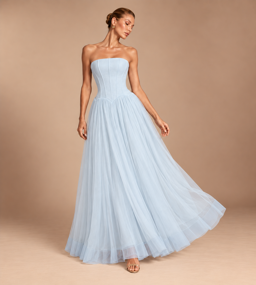 Seraphina Strapless Corset Tulle Maxi Dress - Light Blue