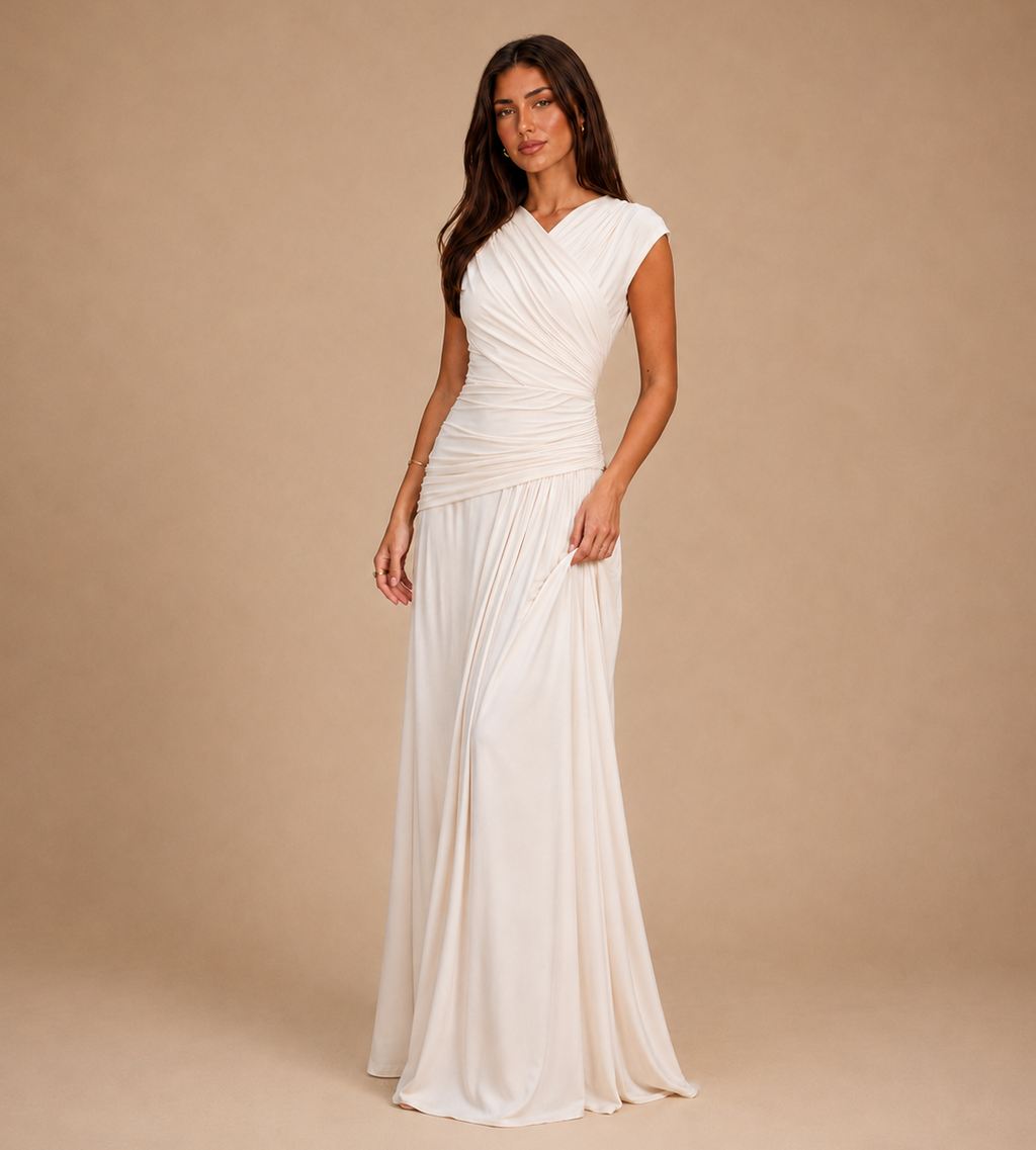 Elara Ivory Ruched Wrap Maxi Dress