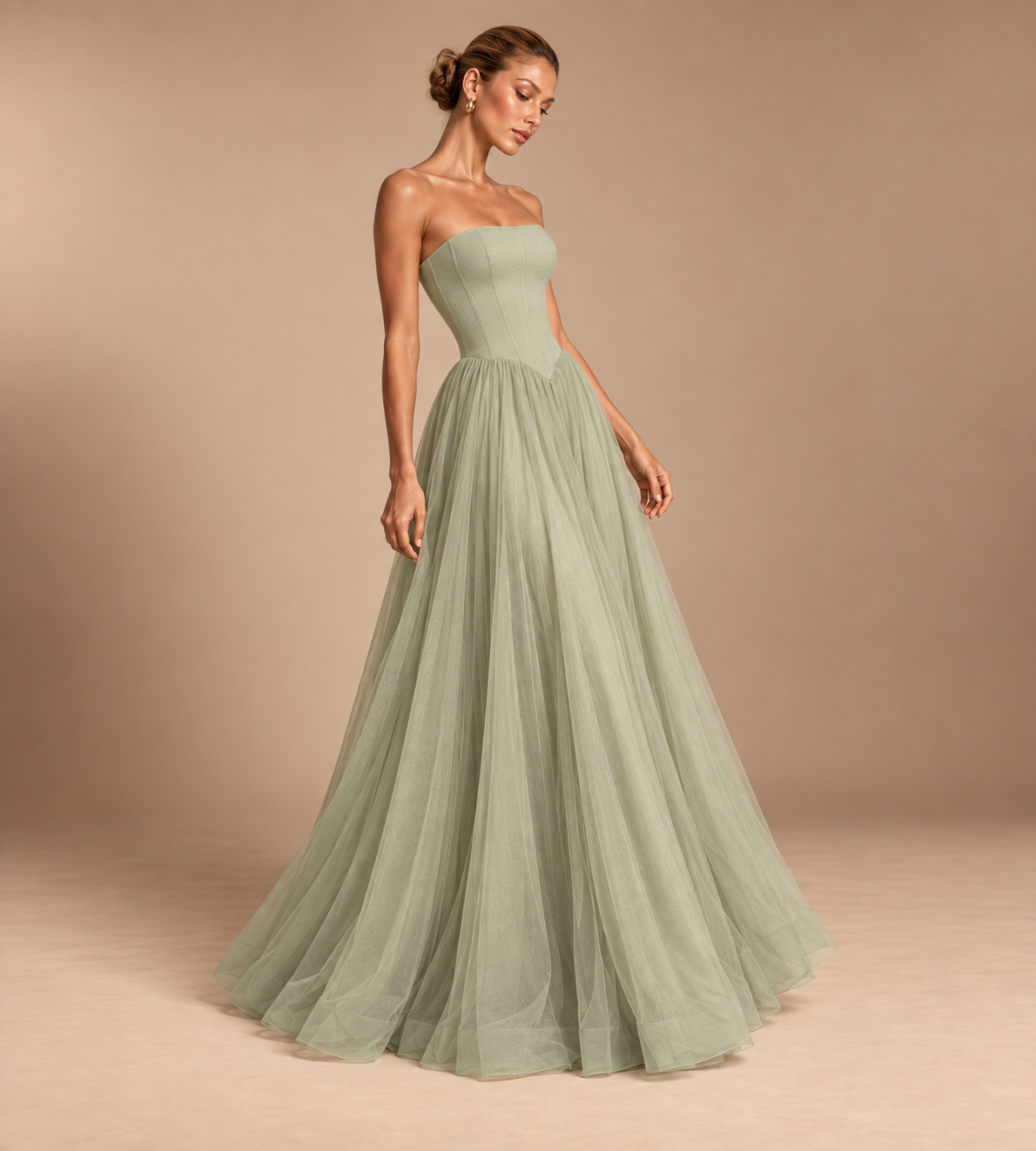 Seraphina Strapless Corset Tulle Maxi Dress - Sage Green