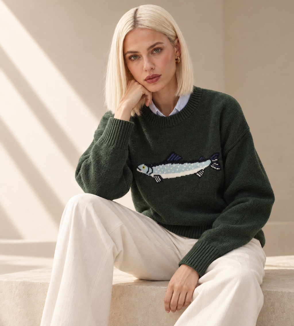 Dark Green Fish Graphic Knit Sweater