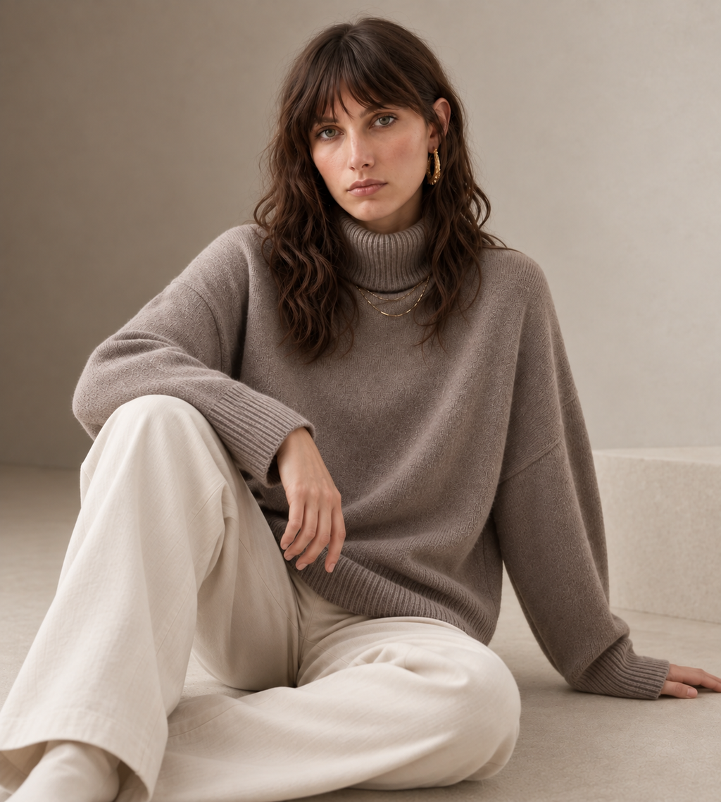 Elodie Taupe Cashmere Blend Turtleneck Sweater