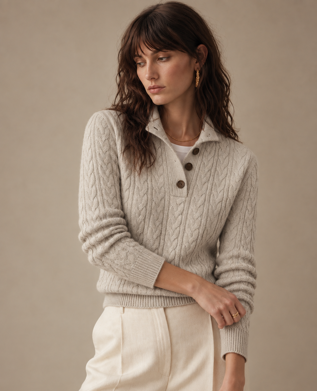 Rowan Light Grey Cable Knit Cashmere Sweater