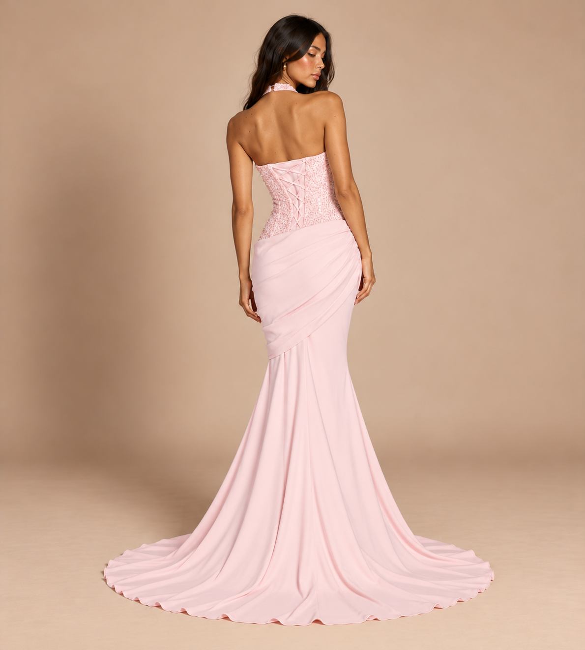 Valentina Blush Pink Sequin Halter Mermaid Maxi Dress