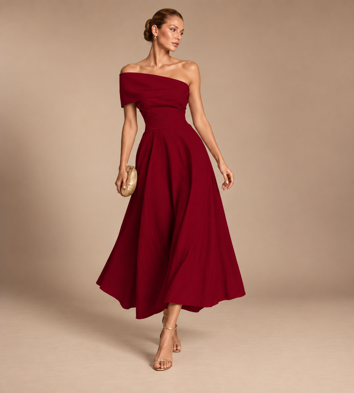 Solene Burgundy Off-Shoulder Midi Dress
