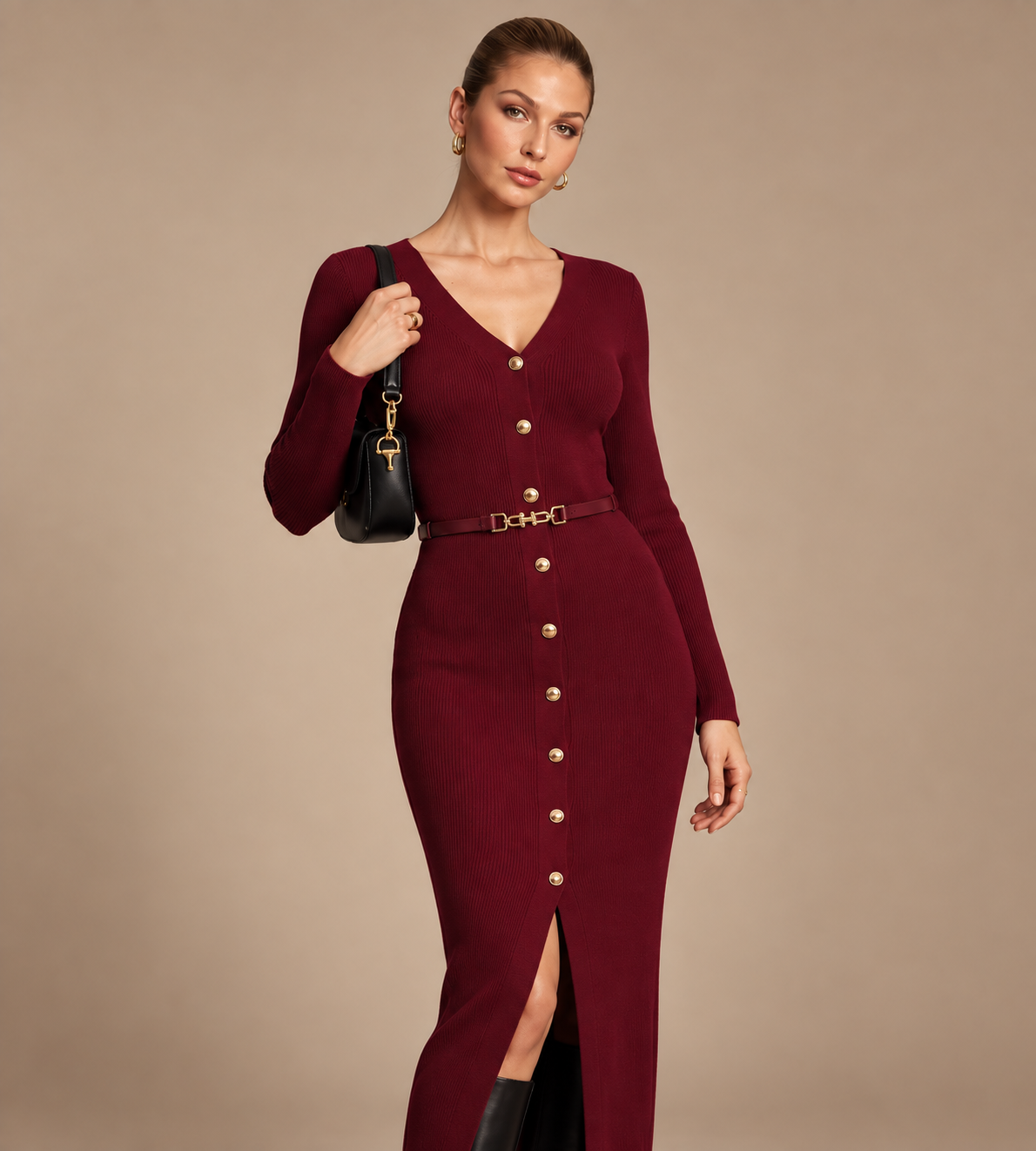 Isolde Burgundy Ribbed Button-Front Midi Dress