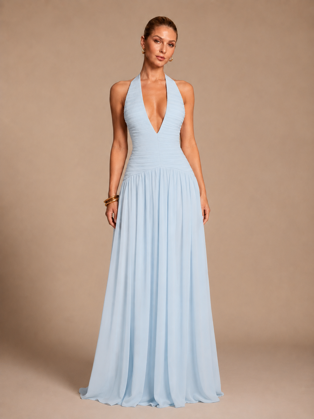 Seraphina Light Blue Ruched Halter Maxi Dress