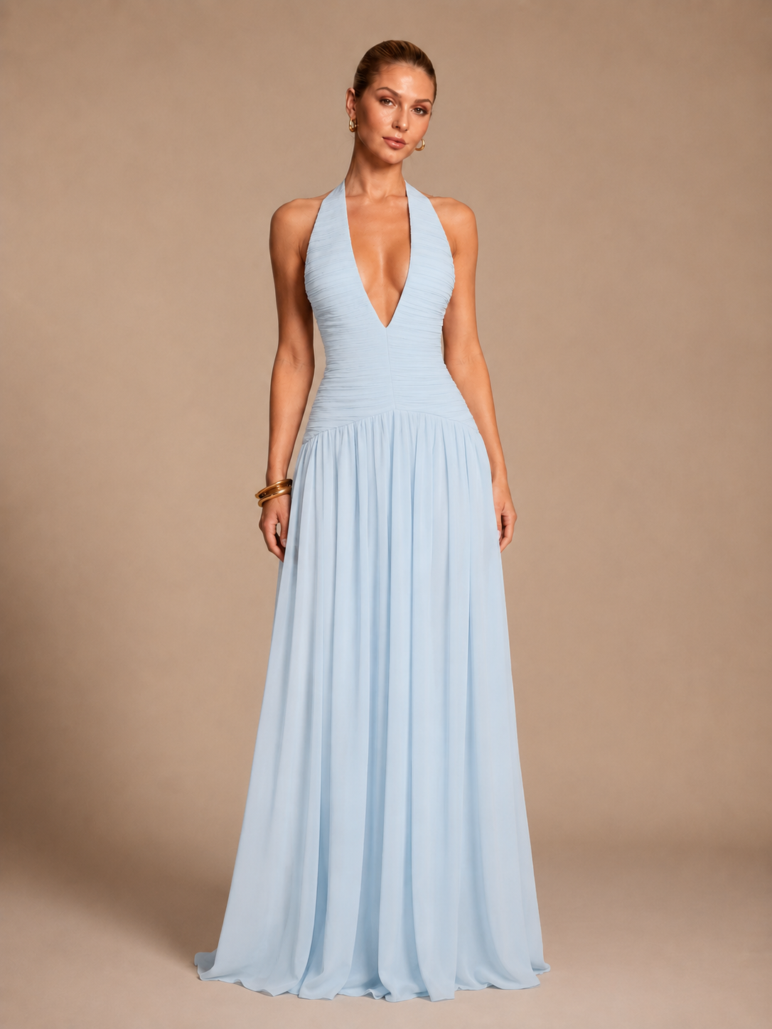 Seraphina Light Blue Ruched Halter Maxi Dress