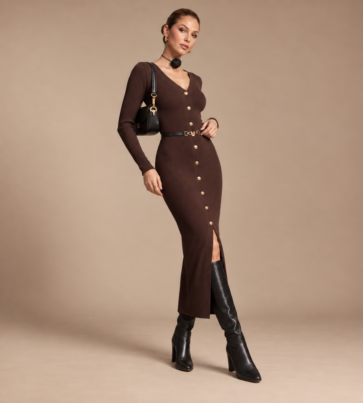 Isolde Chocolate Brown Ribbed Button-Front Midi Dress
